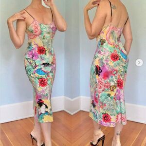 NATORI Iconic vintage GORGEOUS bias satin slip dress nightgown Geisha dragon S